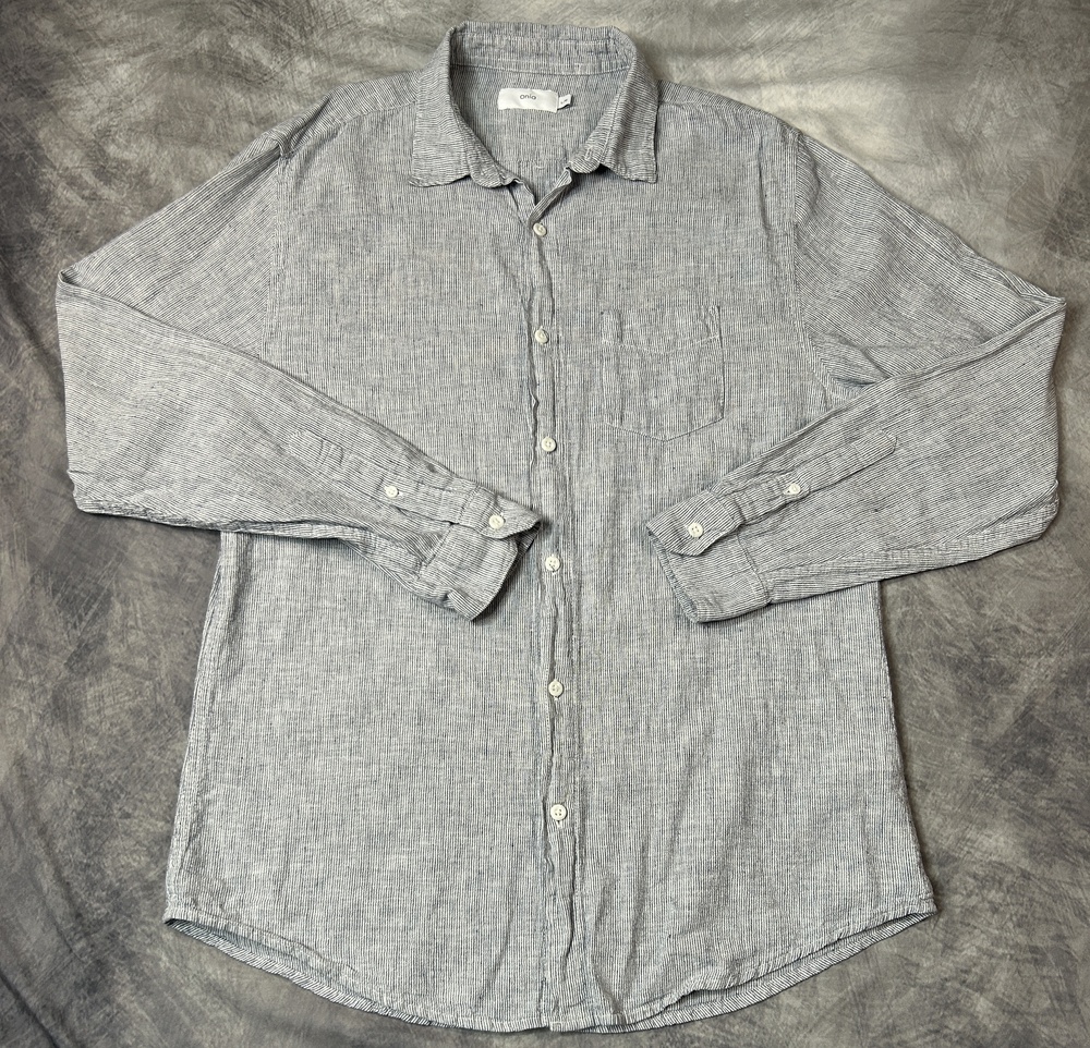 Onia Shirt Mens Large Blue Stripe Linen Cotton Long Sleeve Button Up Casual